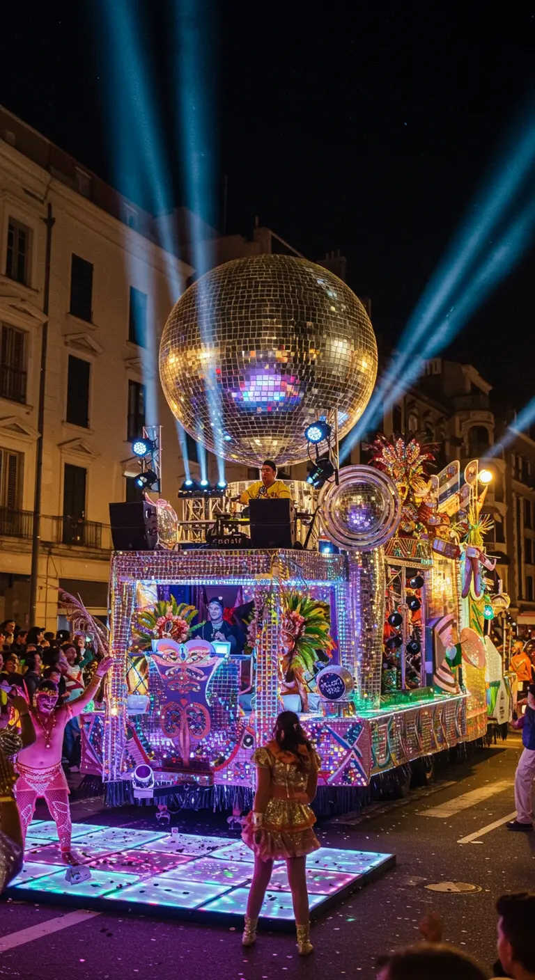 Un char de parade coloré et lumineux surmonté d'une énorme boule à facettes.
