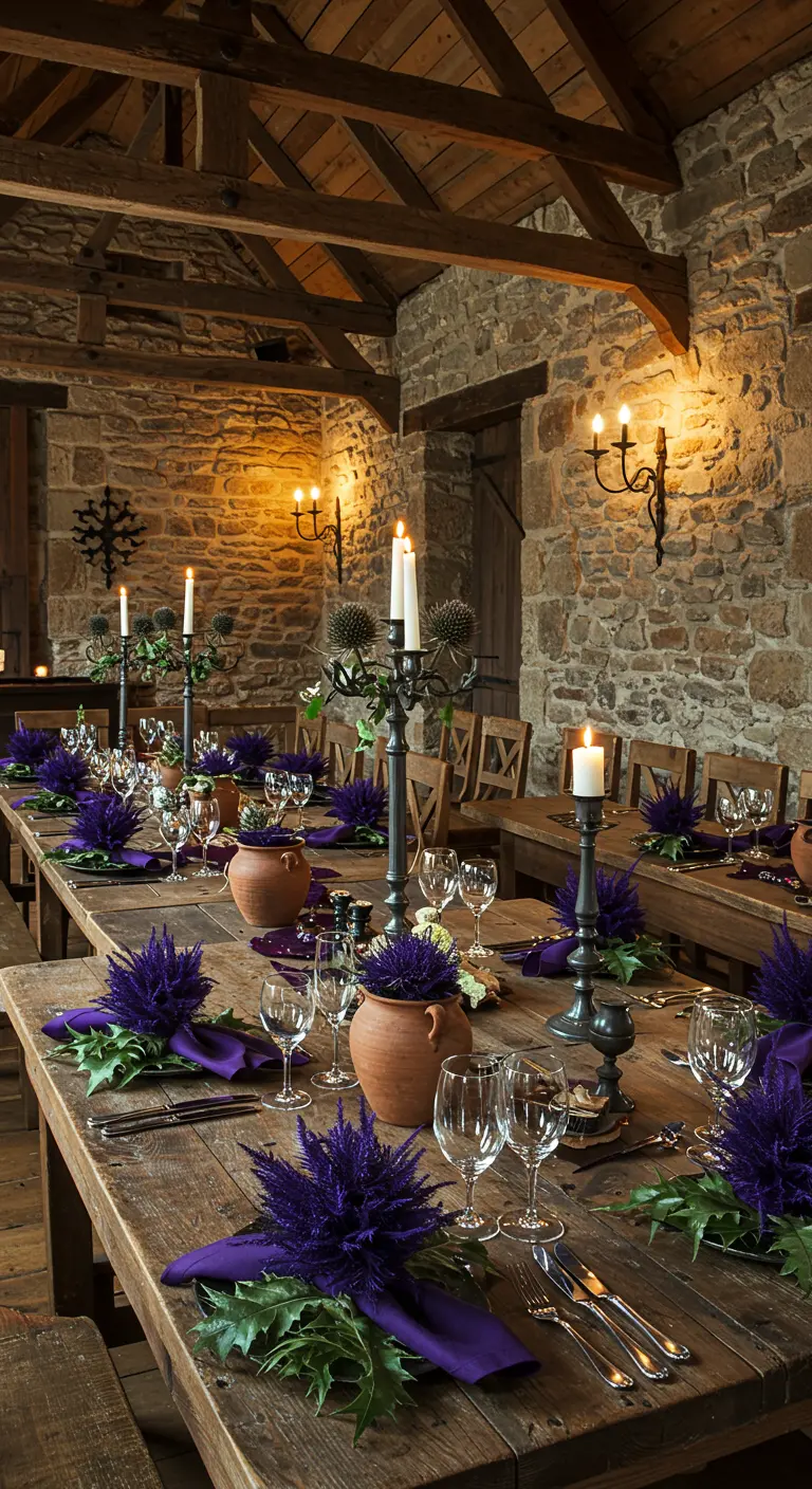 Longue table en bois dans un décor en pierre avec des serviettes violettes et des chardons.