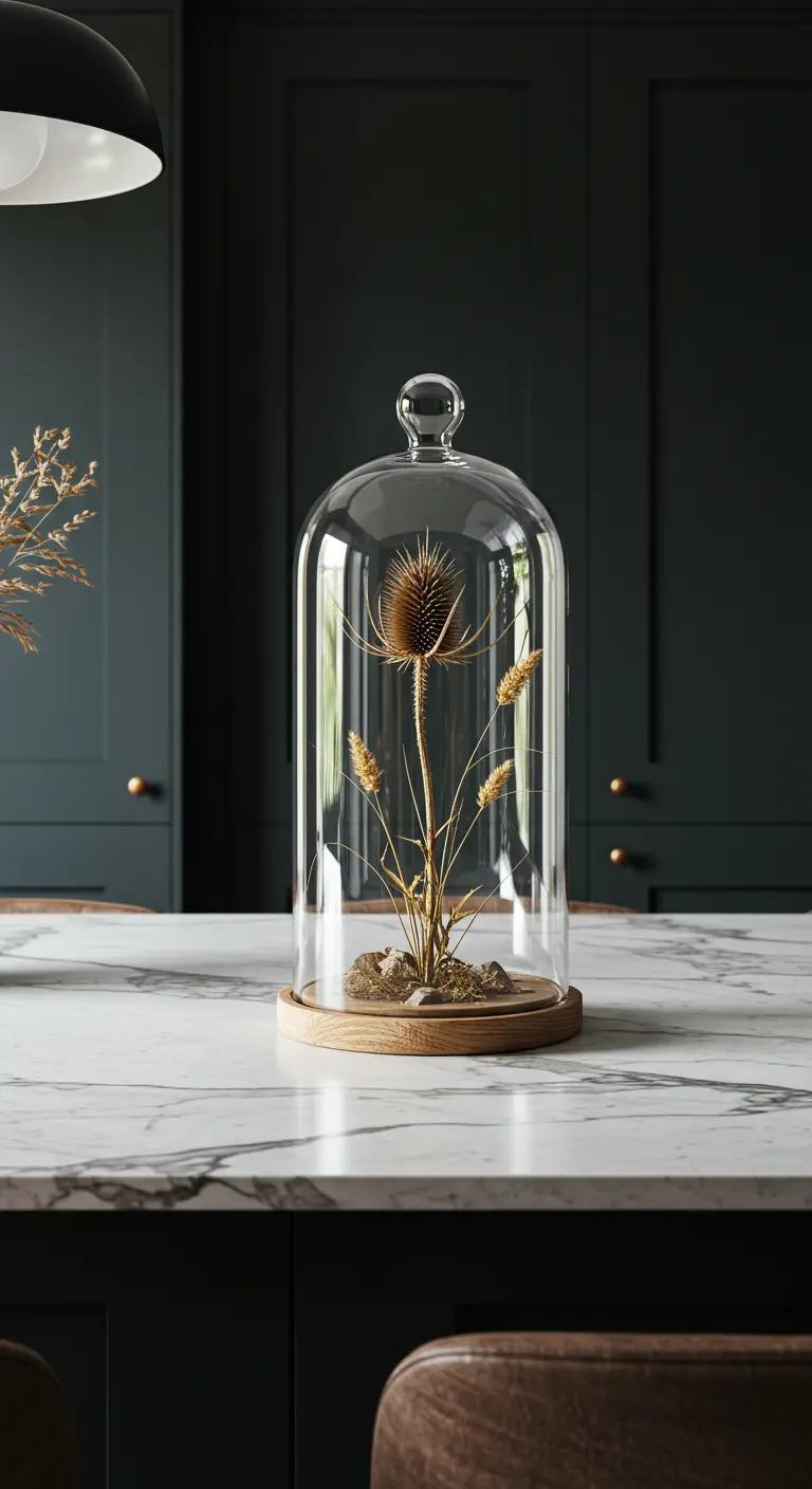 Un chardon séché présenté sous une cloche en verre sur un comptoir de cuisine en marbre.