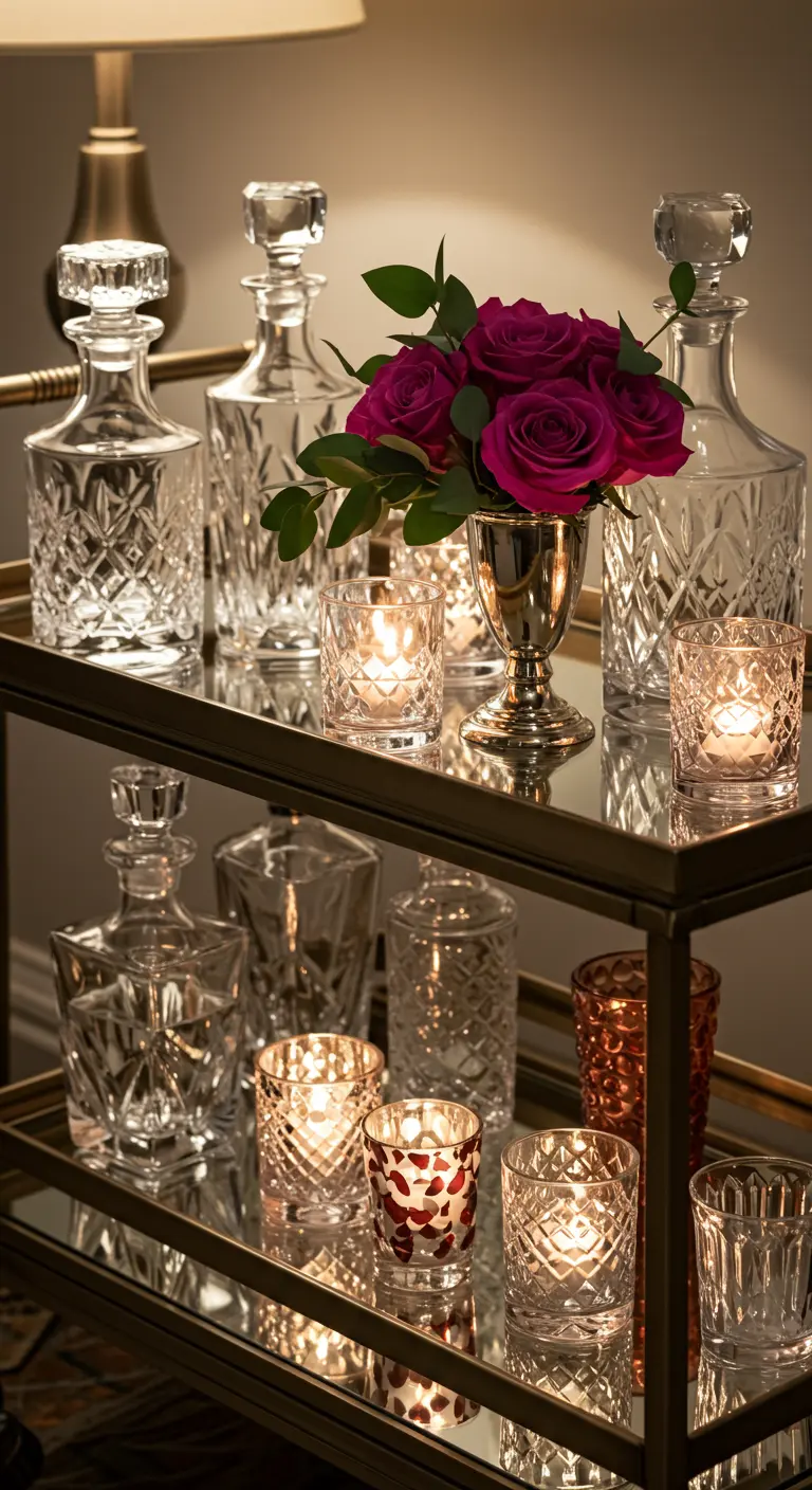 Desserte de bar avec un petit bouquet de roses et des photophores en cristal.