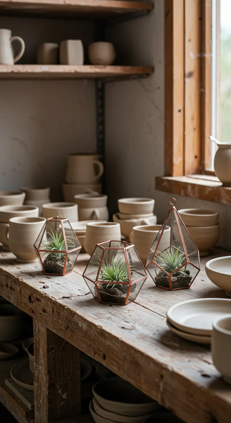 Terrariums géométriques cuivrés avec plantes aériennes sur une étagère en bois remplie de poteries.