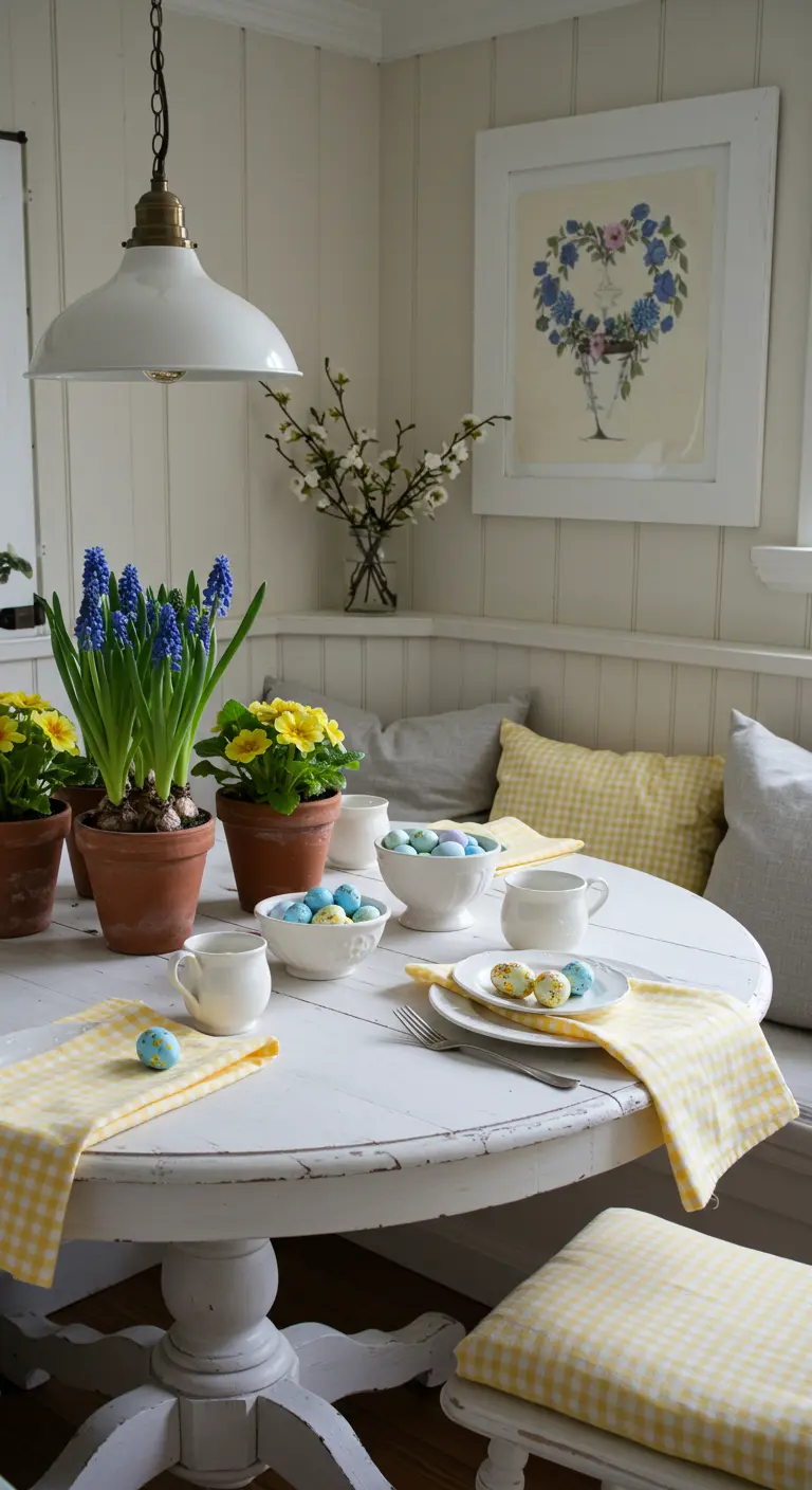 Table de Pâques dans un coin repas avec des jacinthes et primevères en pots de terre cuite.