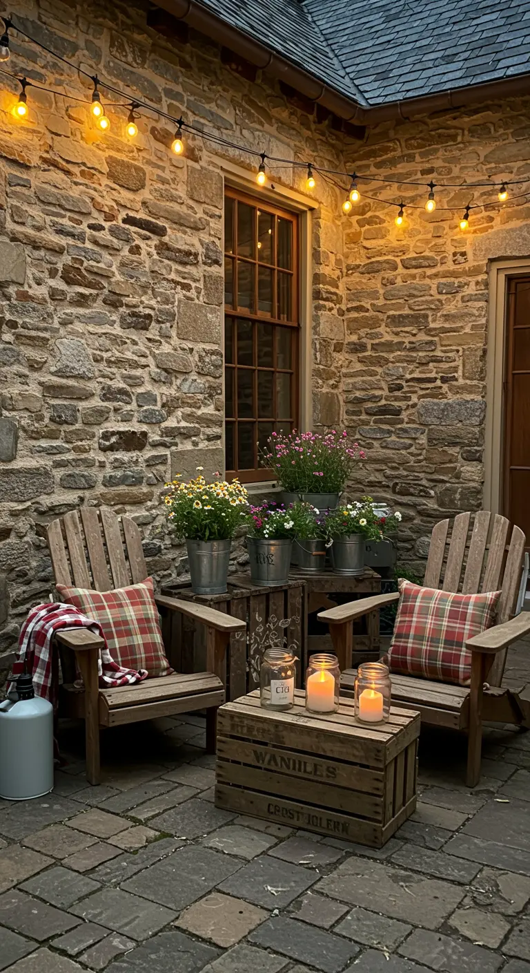Cour rustique en pierre avec deux chaises Adirondack, une caisse en bois comme table et des guirlandes lumineuses.