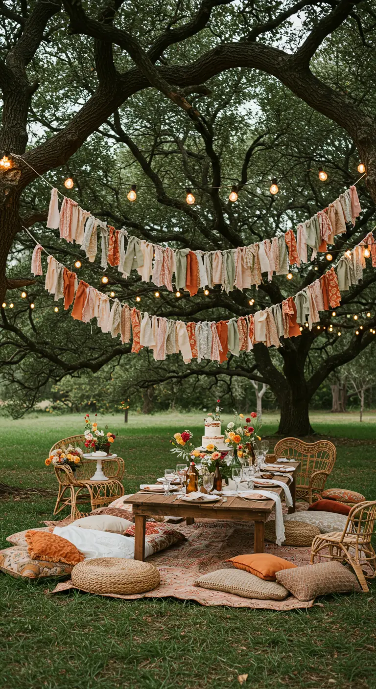 Guirlandes de tissu bohème suspendues entre les arbres pour une fête en extérieur.