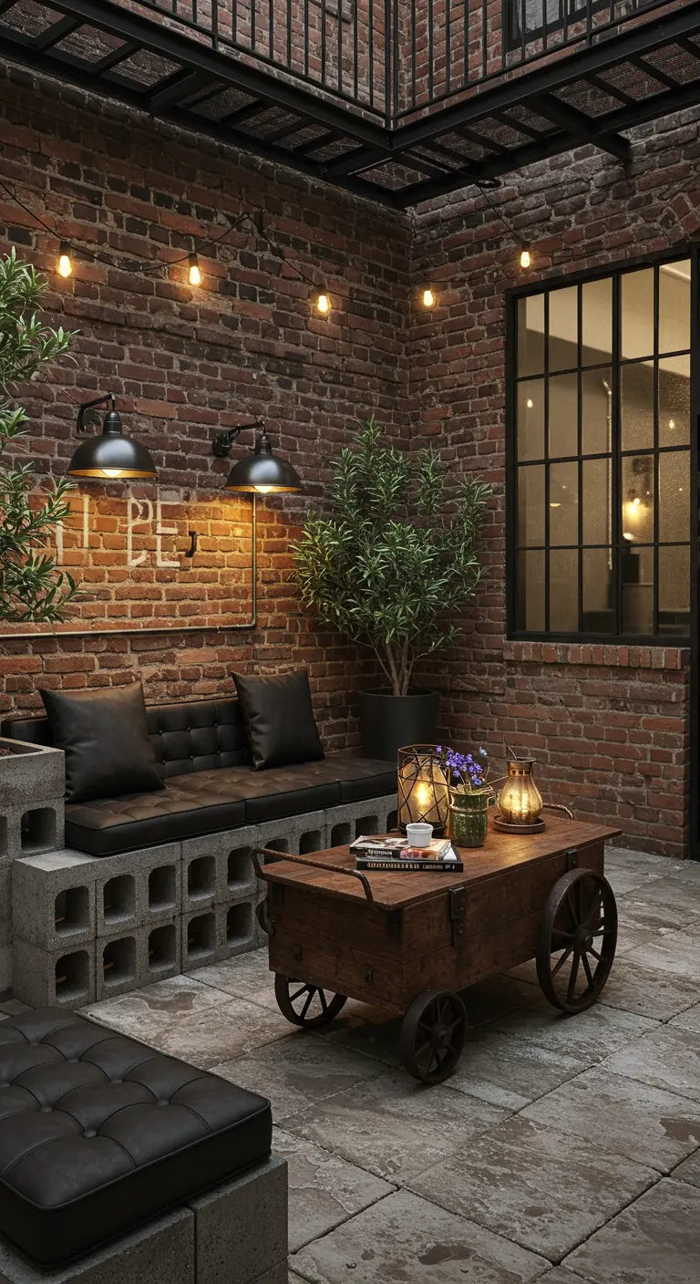 Patio de style industriel avec une banquette en parpaings et coussins noirs.