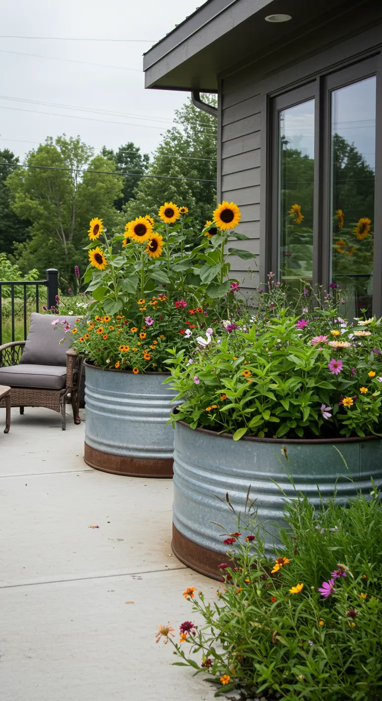Deux grands bacs ronds en métal galvanisé remplis de tournesols et de fleurs.