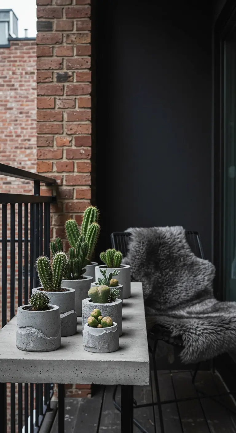 Petits pots en béton texturé avec divers cactus sur une table de balcon en béton, plaid en fausse fourrure.