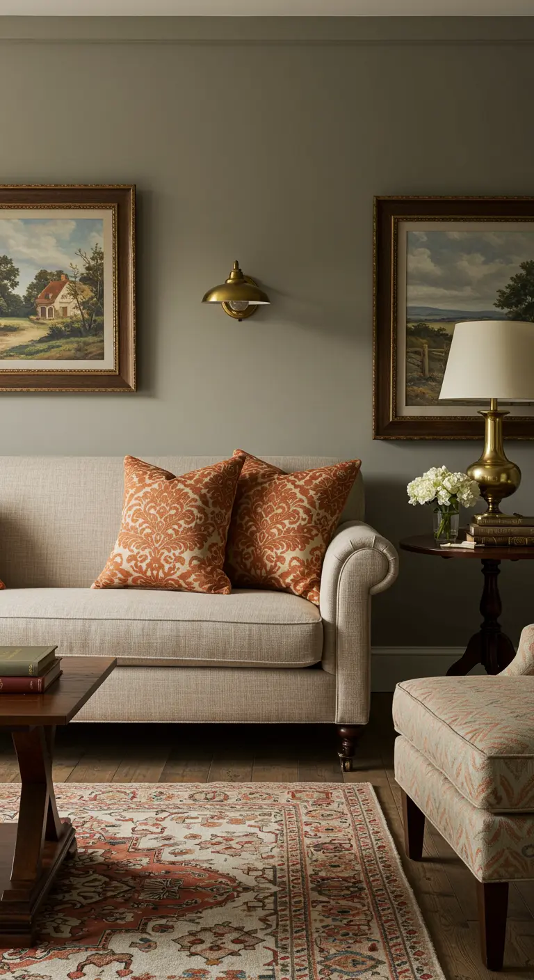 Canapé beige avec des coussins à motifs cachemire terracotta dans un salon classique.