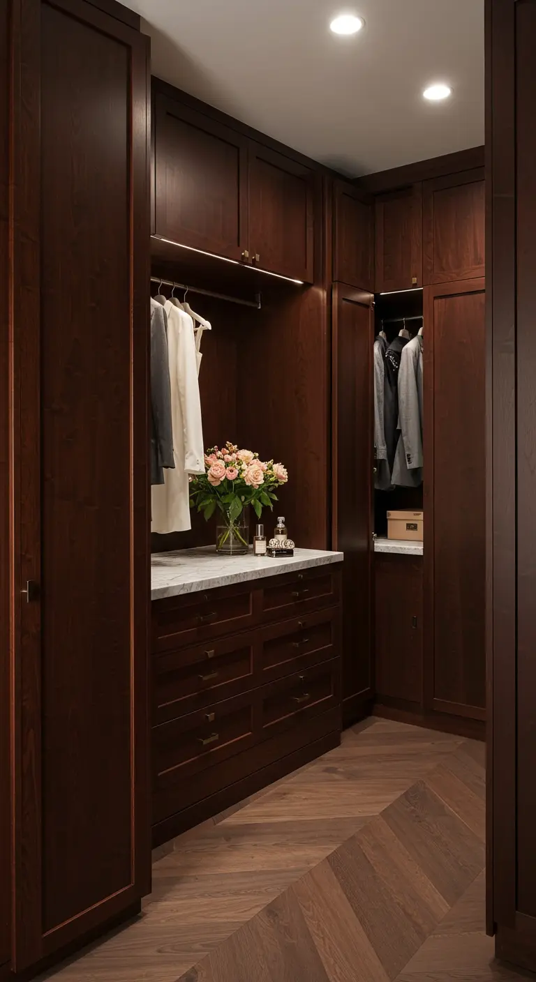 Dressing classique en bois foncé avec îlot central en marbre et parquet à chevrons.