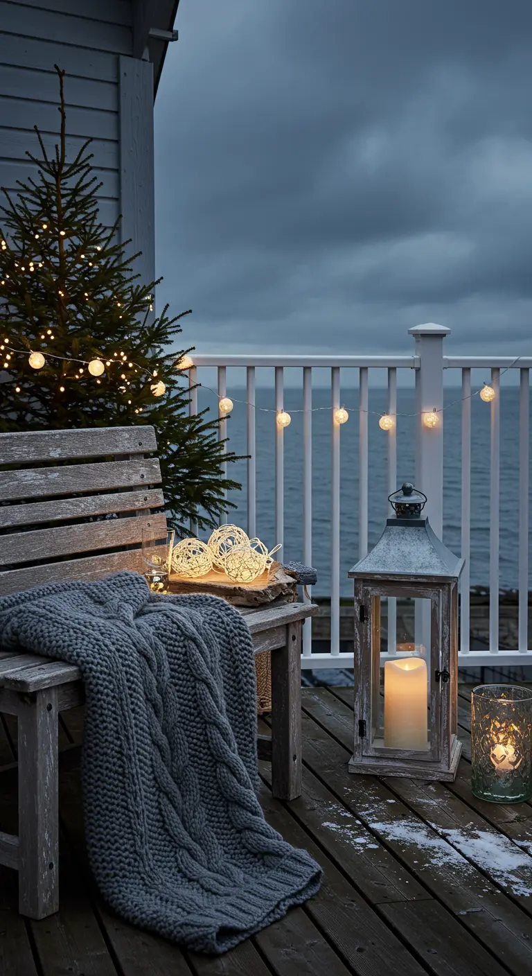 Banc en bois face à la mer avec un gros plaid gris, un sapin et une lanterne.