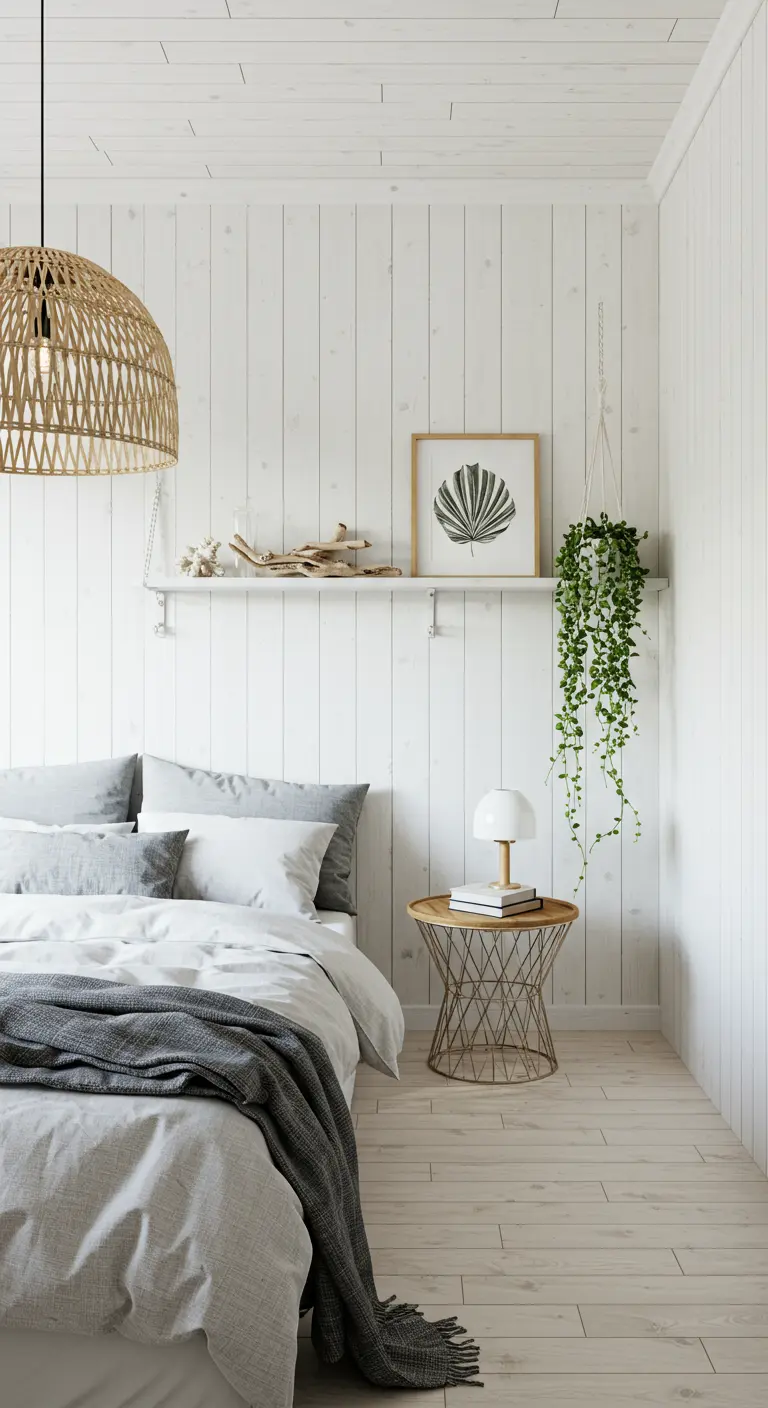 Chambre avec mur en lambris blanc, suspension en rotin et plante suspendue.