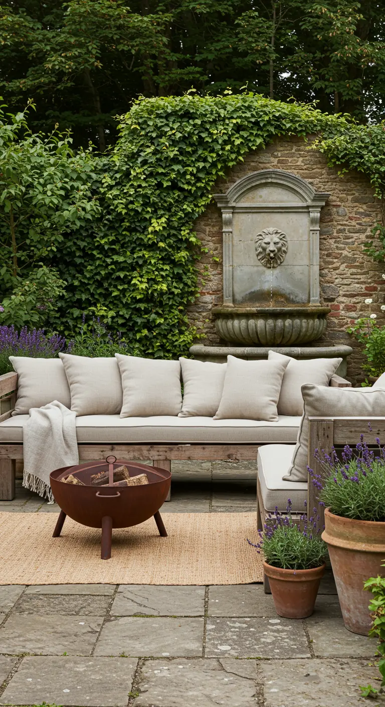 Patio rustique avec fontaine en pierre, banc en bois, brasero et mur de lierre.
