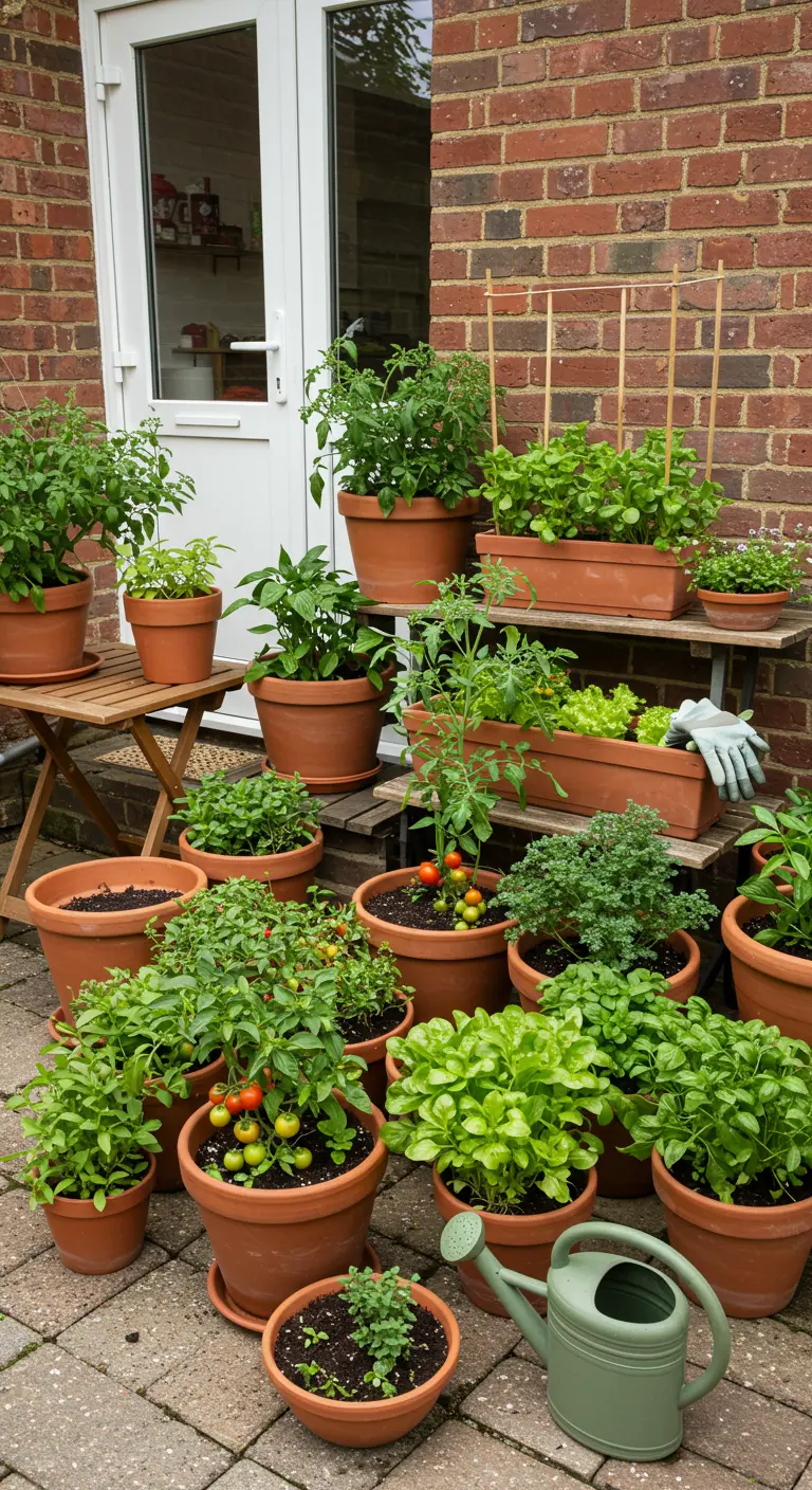 Potager en pots de terre cuite avec légumes et herbes devant un mur de briques