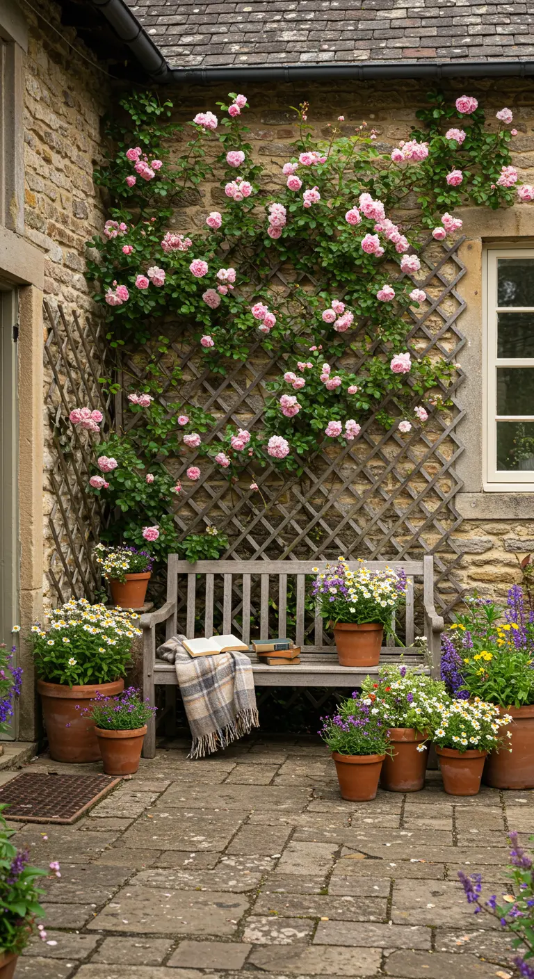 Banc en bois sous un treillis de roses roses avec des pots en terre cuite.