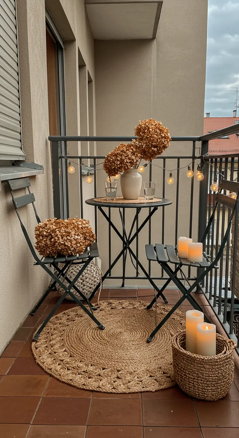 Petit balcon avec un set de bistrot, un tapis en jute et des bougies.
