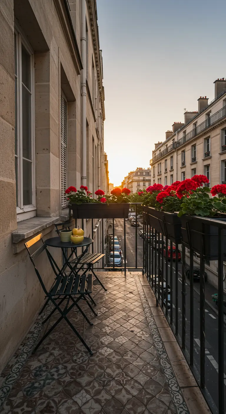 Petit ensemble bistrot noir sur un balcon parisien avec des géraniums rouges.