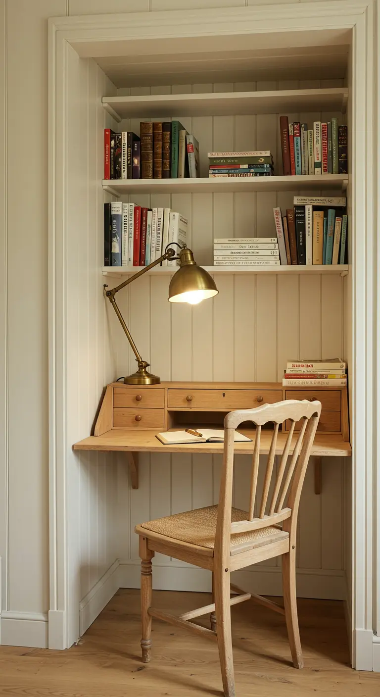 Petit bureau en bois installé dans une alcôve avec des étagères et une lampe en laiton.