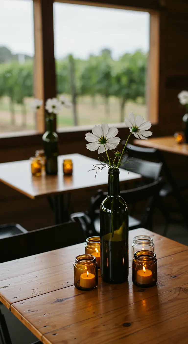 Bouteille de vin recyclée en vase pour des fleurs de cosmos, avec des bougies ambrées.