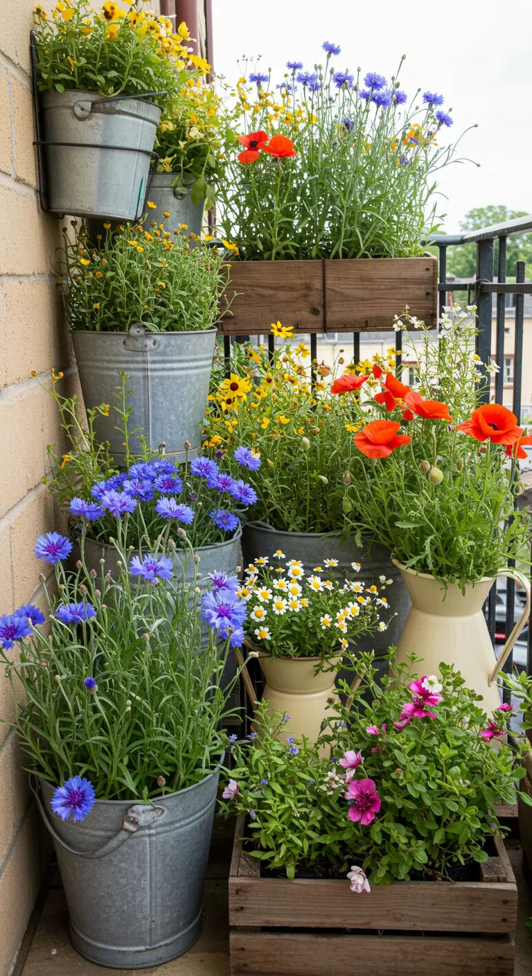 Collection de seaux en zinc, pichets et caisses en bois remplis de fleurs sauvages.