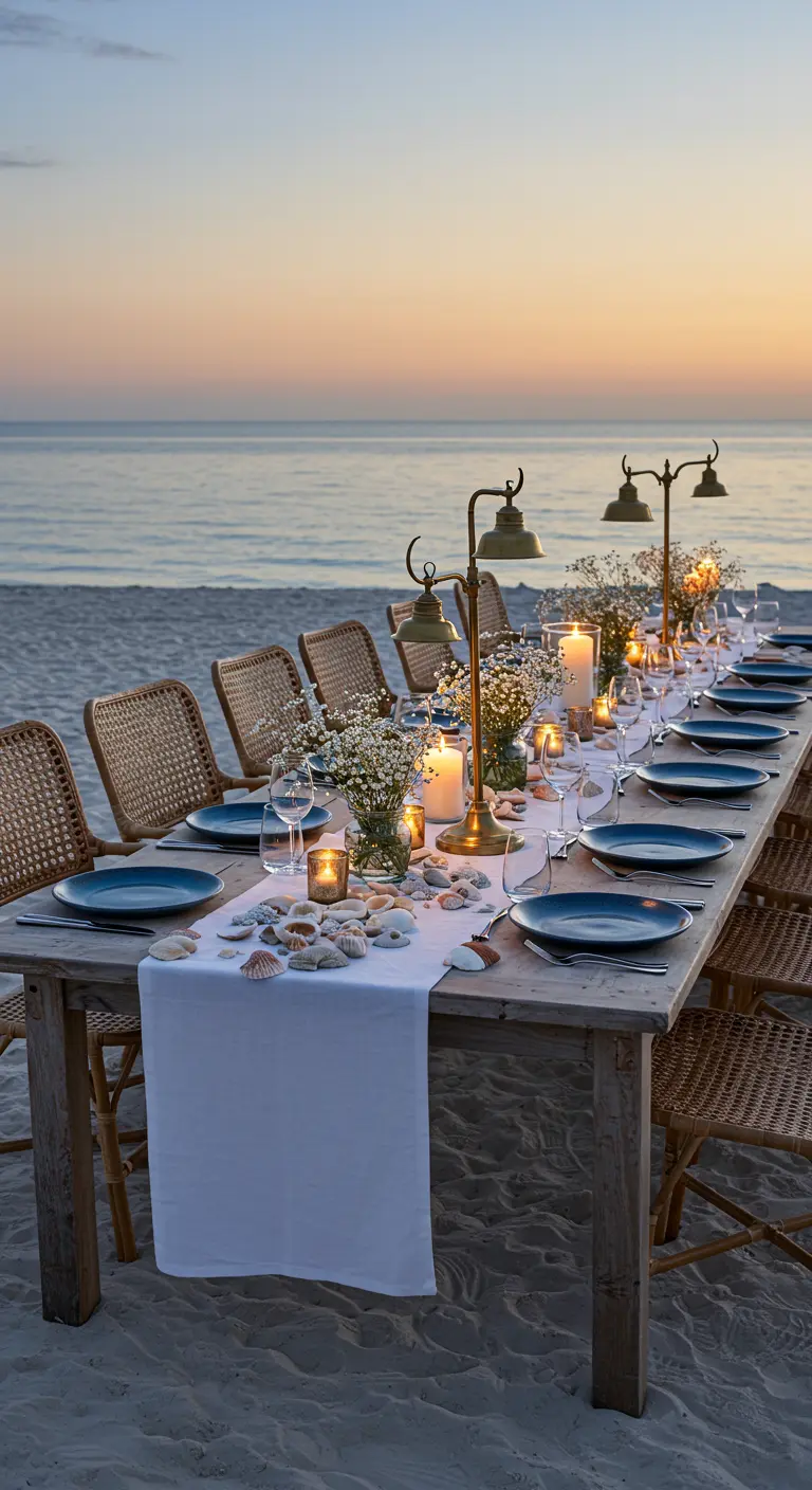 Longue table de dîner en bois sur une plage, décorée de lanternes, coquillages et assiettes bleues au coucher du soleil.