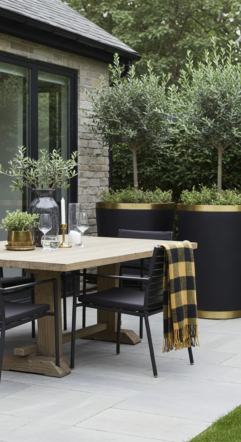 Table à manger en bois brut avec chaises noires, grands pots d'oliviers et plaid à carreaux.