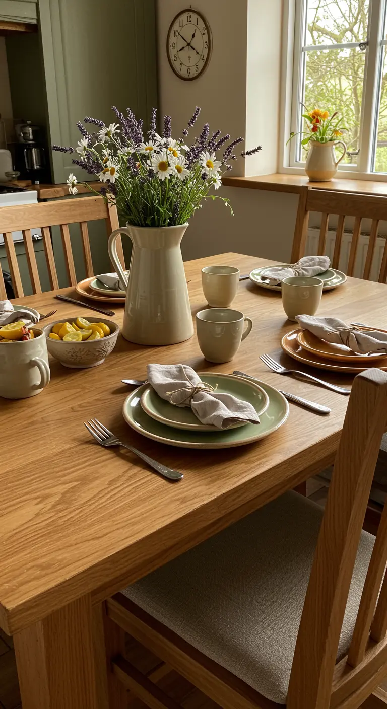 Table de cuisine en bois avec un pichet rempli de marguerites et de lavande.