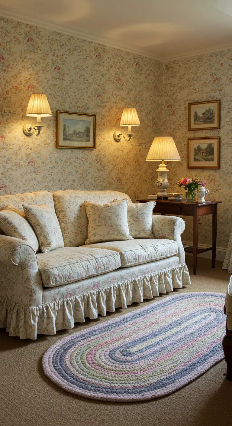 Salon de style cottage anglais avec canapé à fleurs et tapis tressé.