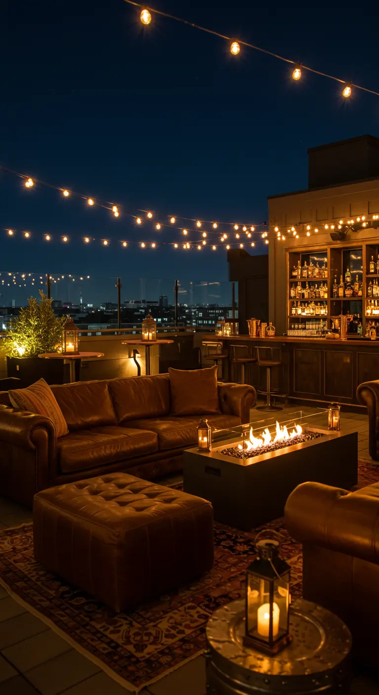 Rooftop club avec canapés en cuir, foyer extérieur, guirlandes lumineuses et bar.
