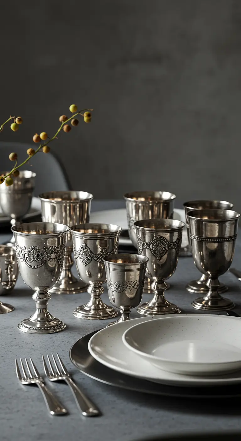 Collection de gobelets et verres en argent gravé sur une table grise.