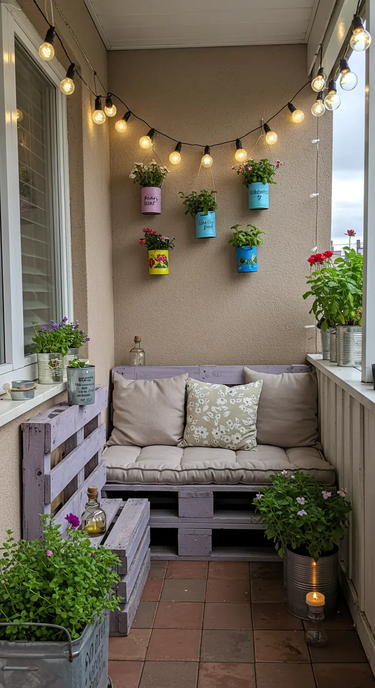 Balcon avec des meubles en palettes, des plantes dans des boîtes de conserve recyclées.