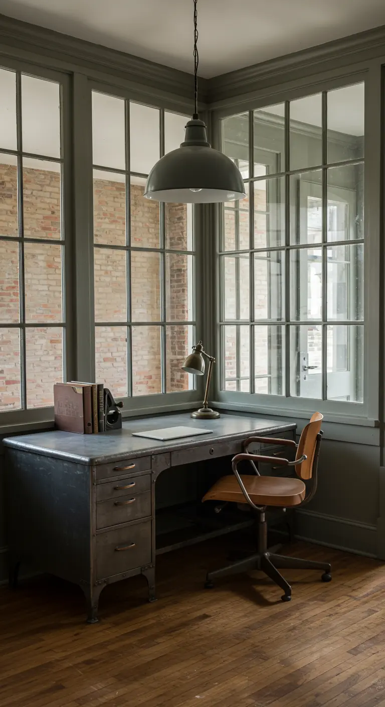 Ancien bureau en métal patiné placé dans un coin lumineux près de grandes fenêtres à croisillons.