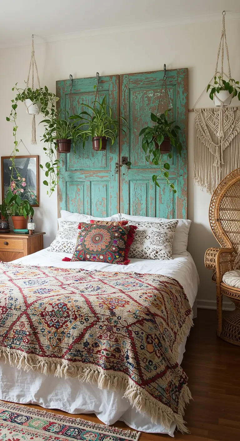 Tête de lit DIY fabriquée avec deux vieilles portes en bois turquoise.