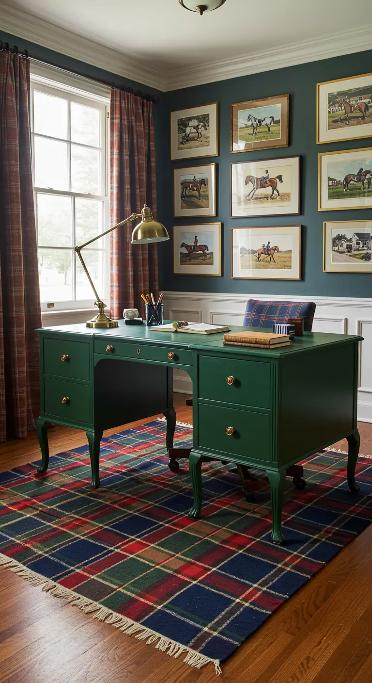 Bureau peint en vert foncé avec un tapis à motif tartan et un mur de cadres sur le thème des chevaux.