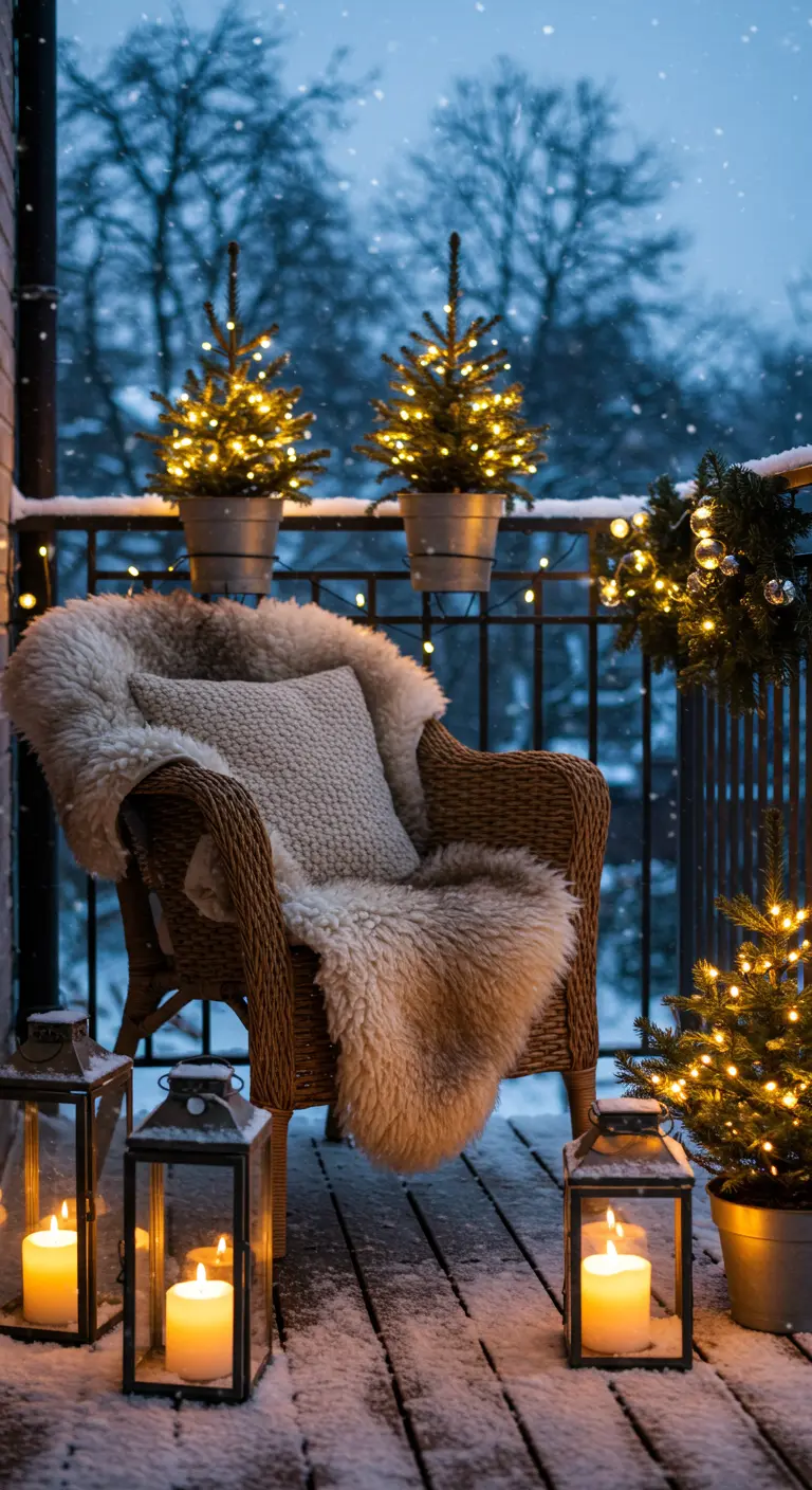 Balcon enneigé avec fauteuil en rotin, peau de mouton, mini-sapins illuminés et lanternes.
