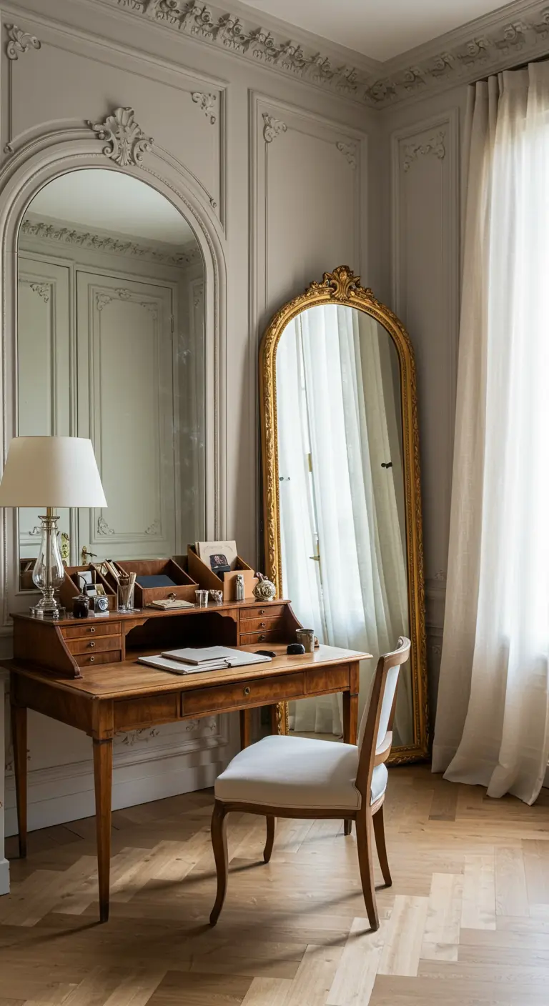 Bureau secrétaire classique dans un intérieur haussmannien avec deux grands miroirs.