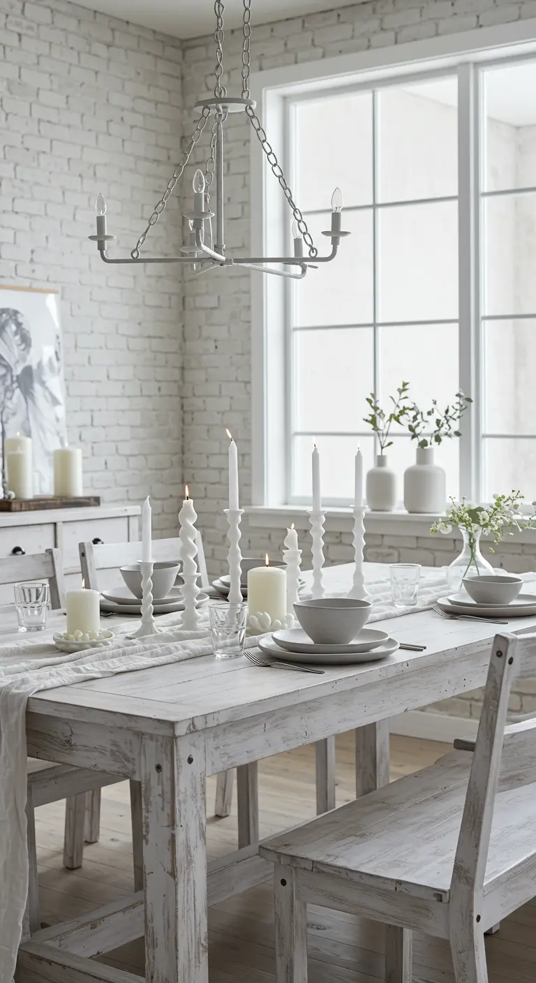Table en bois patiné blanc, décor de table tout blanc, bougeoirs sculptés.