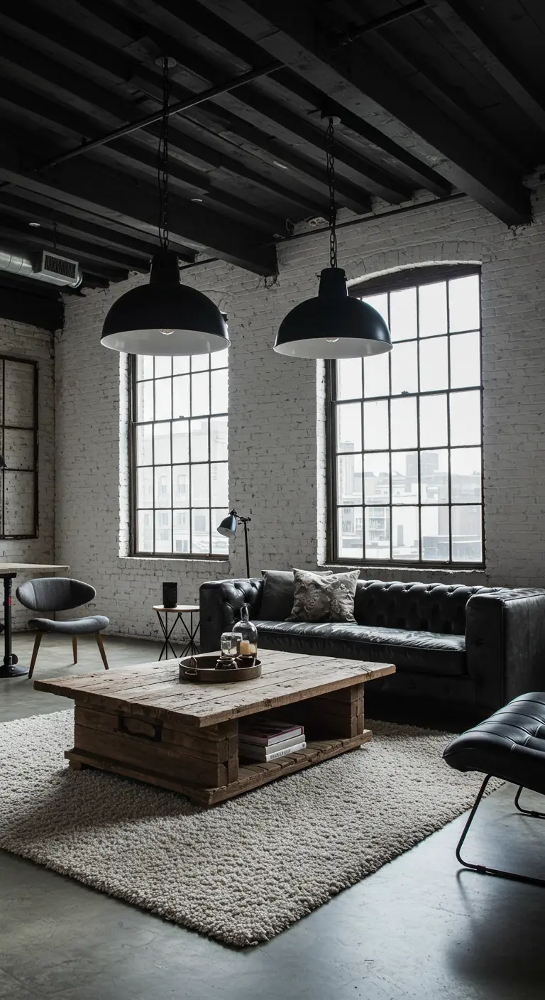 Salon de style industriel avec murs en briques blanches, canapé en cuir et table basse en bois brut.