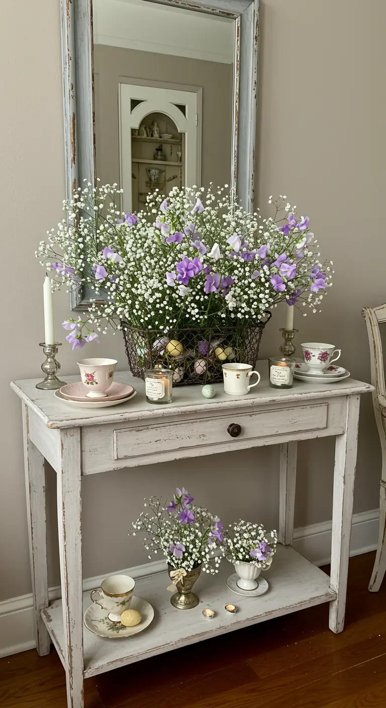 Console de style shabby chic avec un panier de gypsophile et pois de senteur, bougies et tasses vintage.