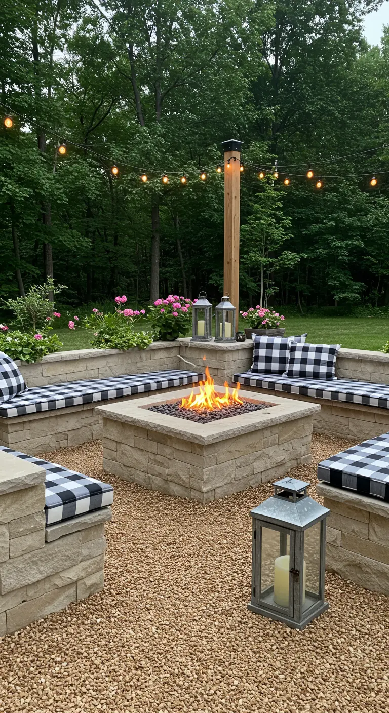 Terrasse en pierre avec banquettes intégrées, coussins à carreaux vichy noir et blanc, foyer au gaz.