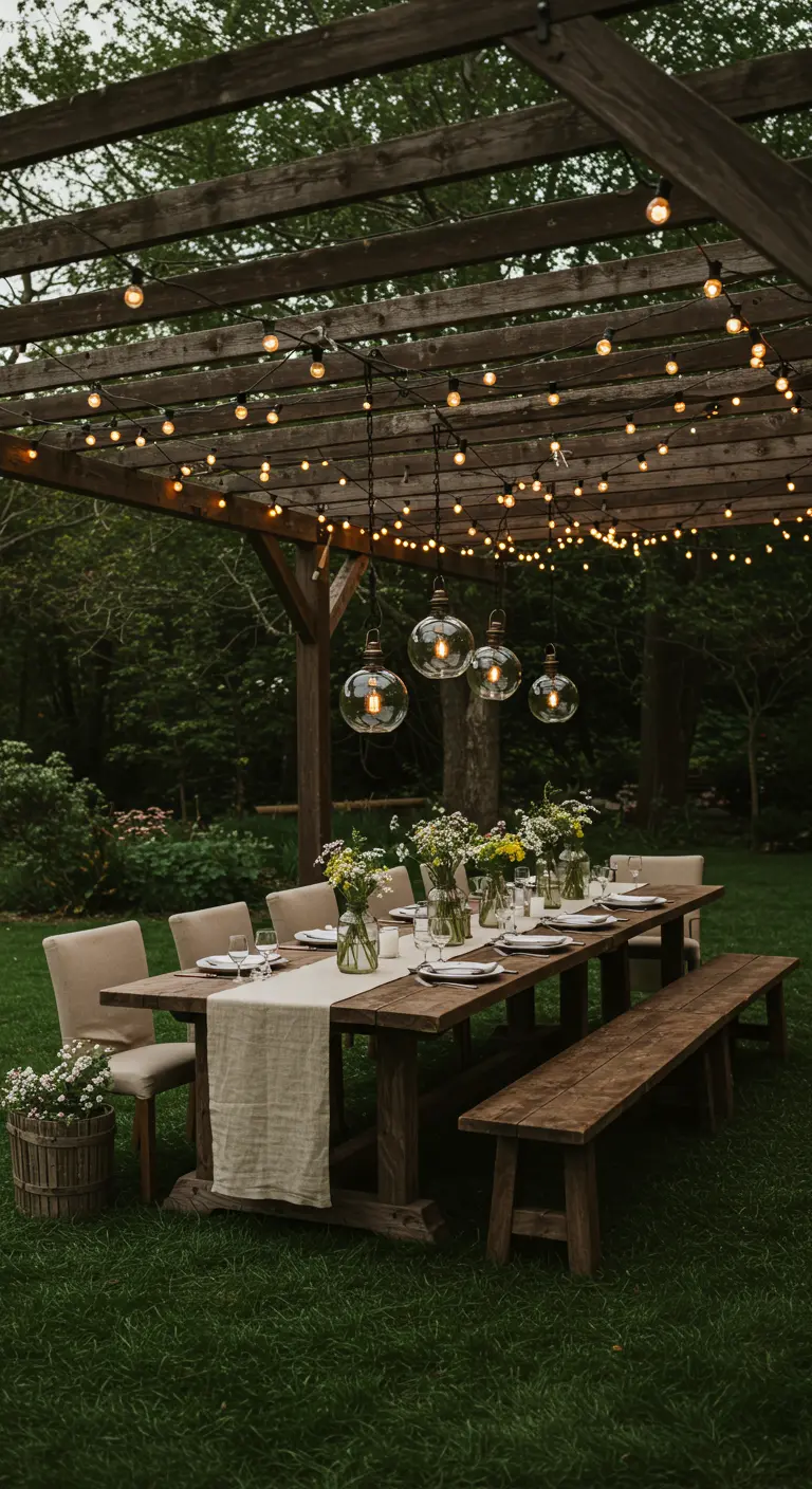 Table de dîner rustique sous une pergola en bois, éclairée par des guirlandes et suspensions en verre.