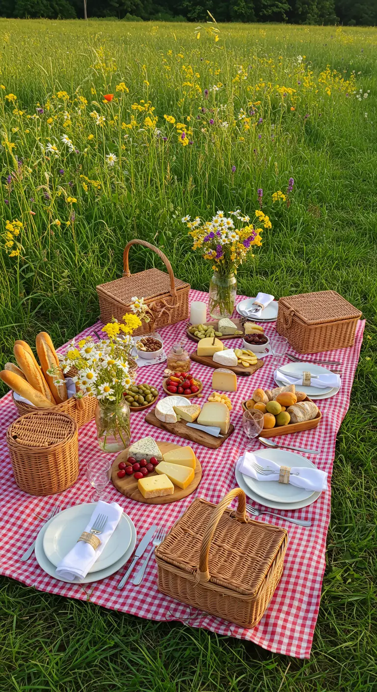 Pique-nique champêtre avec nappe à carreaux rouge, fromages, fruits et bouquets de marguerites.