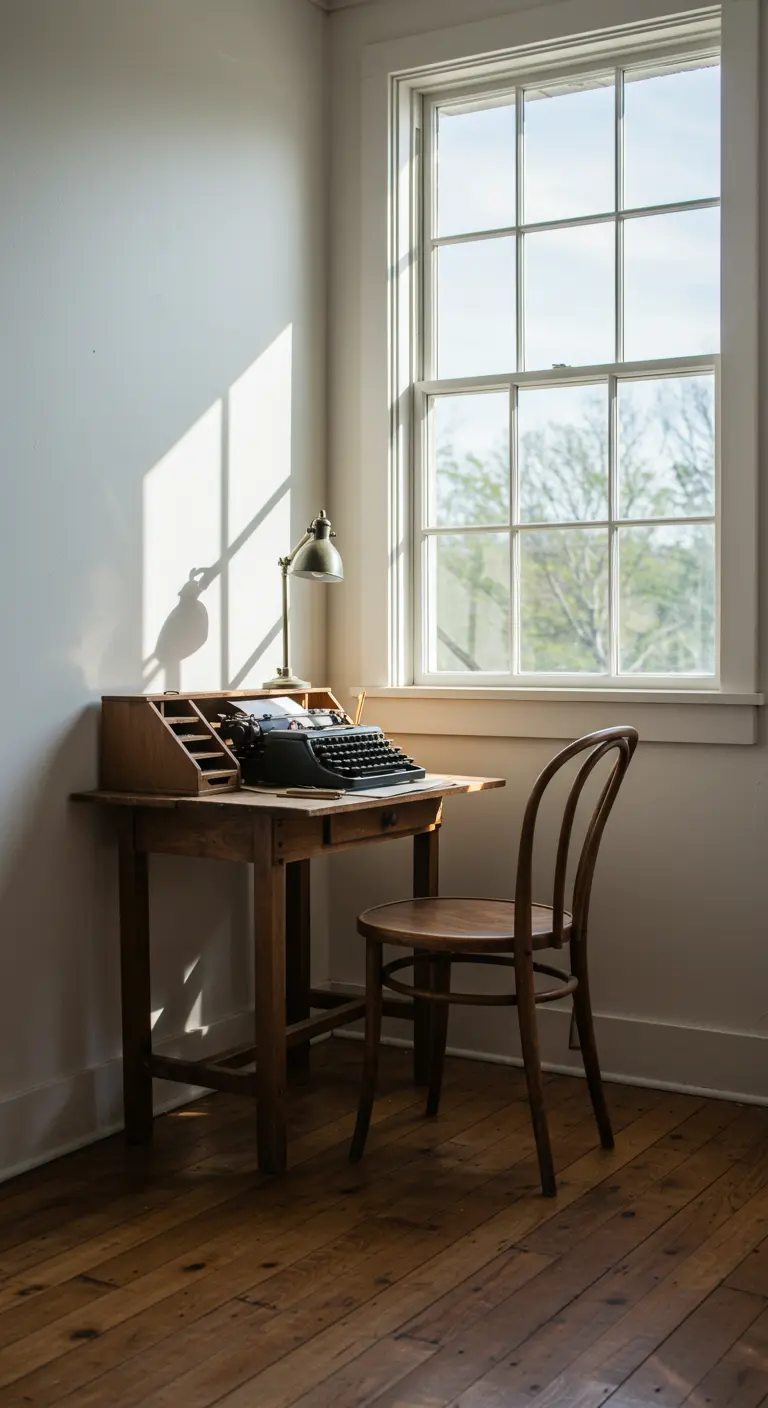 Petit bureau en bois vintage avec une machine à écrire, placé près d'une fenêtre.