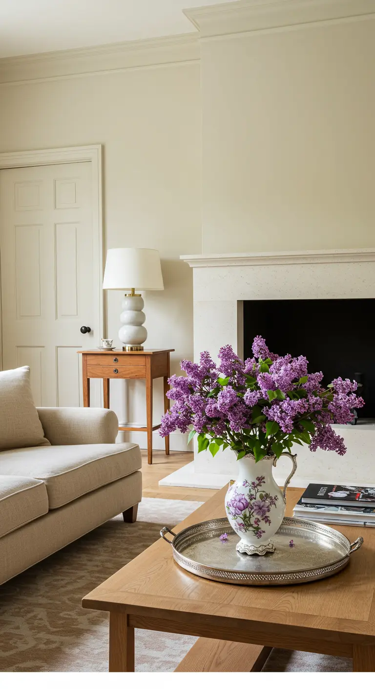 Salon classique avec murs crème, cheminée et un grand bouquet de lilas violet