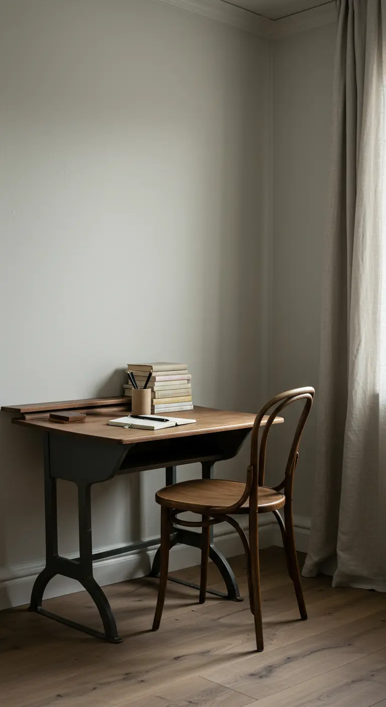 Ancien pupitre d'école en bois et métal servant de bureau dans un coin de pièce aux murs gris.