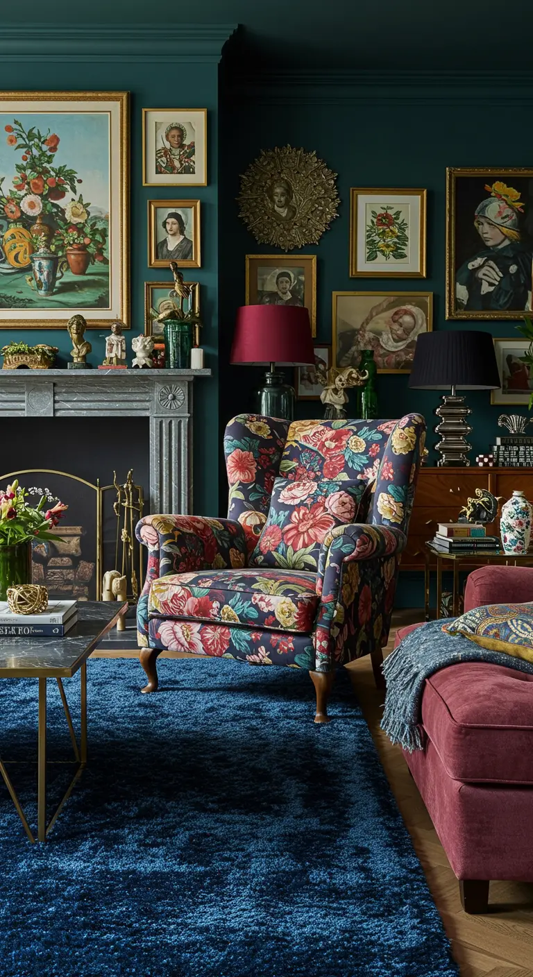 Fauteuil à oreilles fleuri dans un salon maximaliste aux murs sombres.