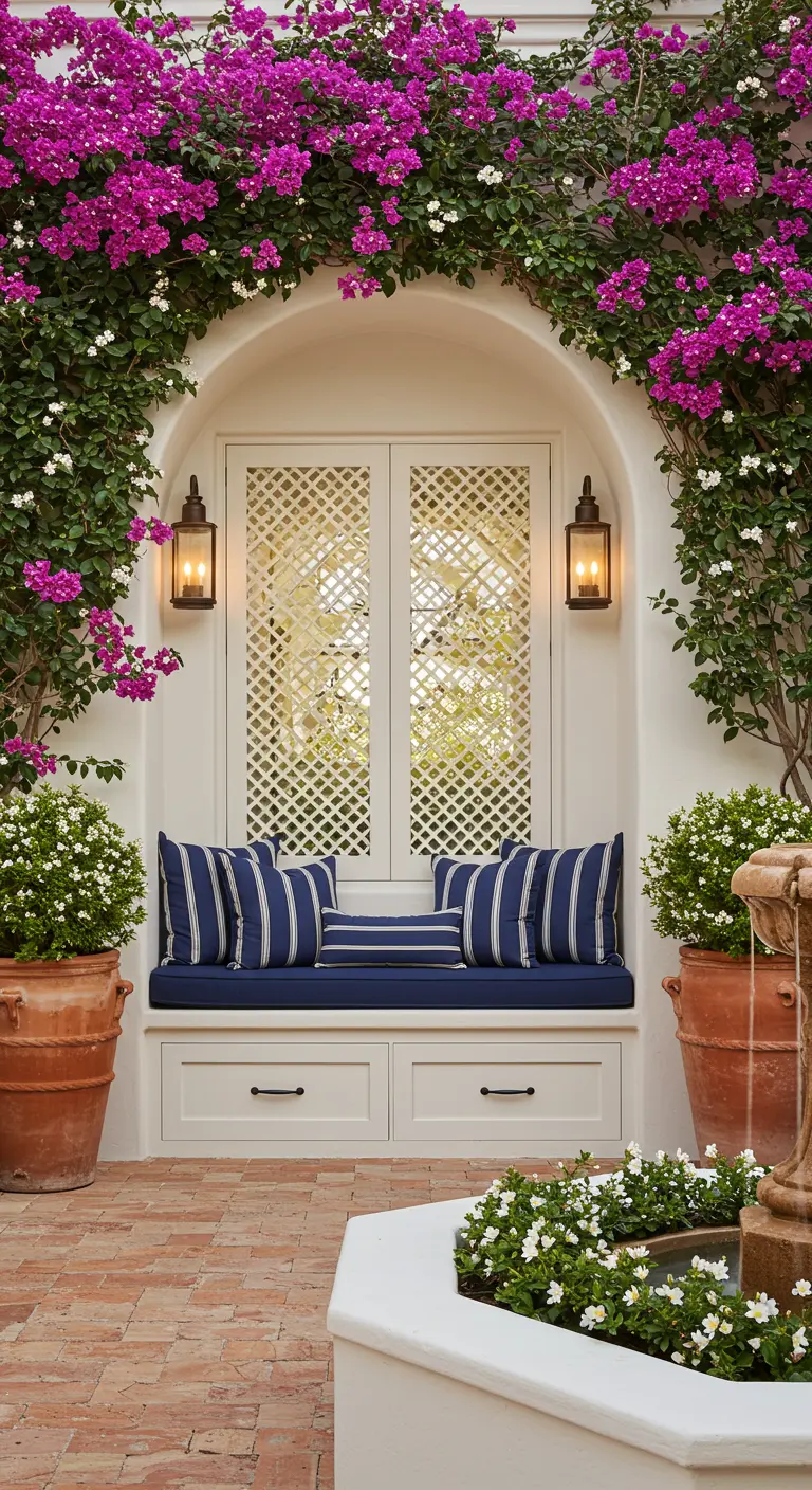 Banquette blanche intégrée sous une arche fleurie de bougainvilliers, avec tiroirs dissimulés.