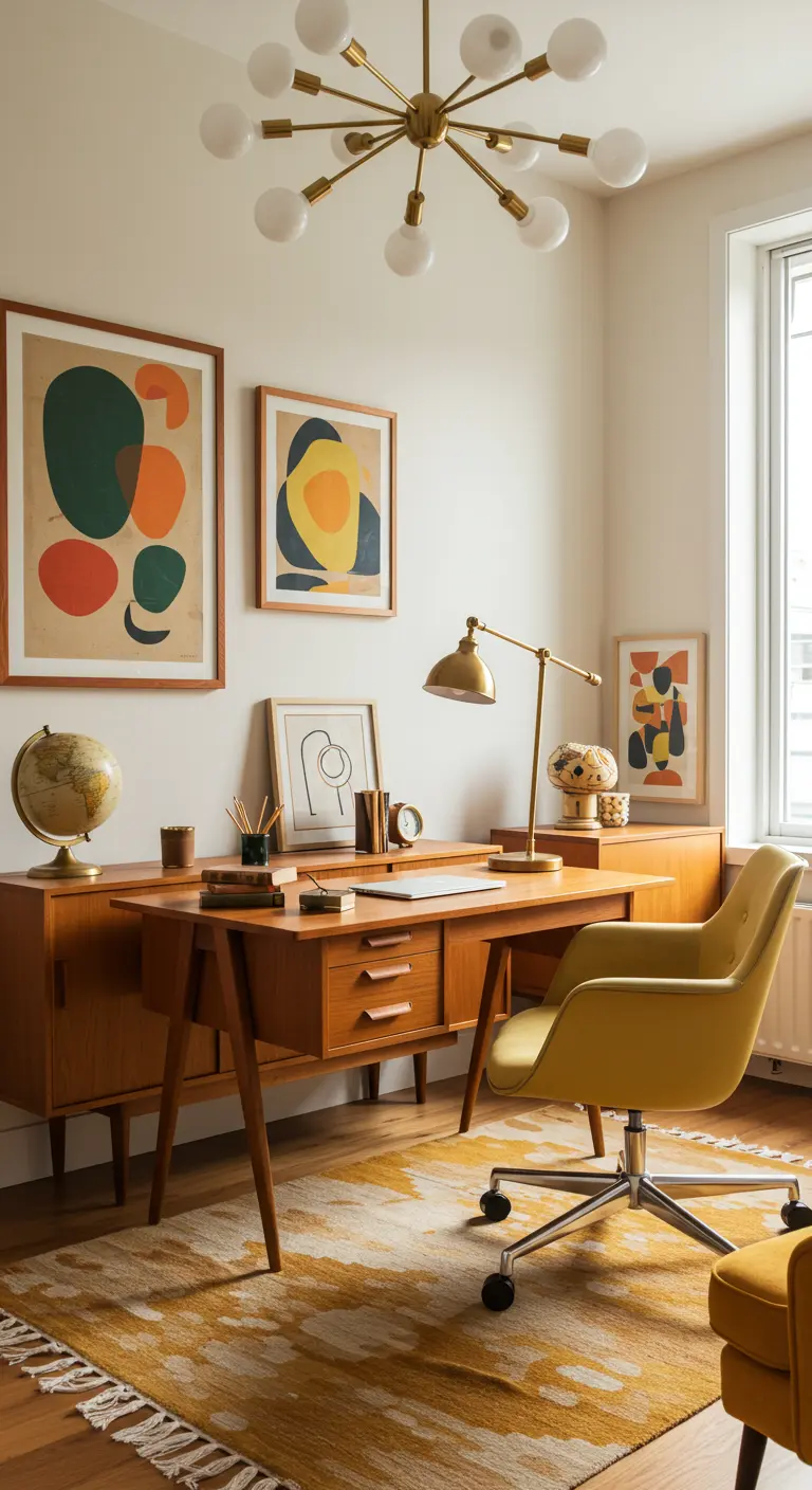 Bureau Mid-Century Modern avec meubles en bois, chaise jaune, art abstrait et suspension Sputnik.