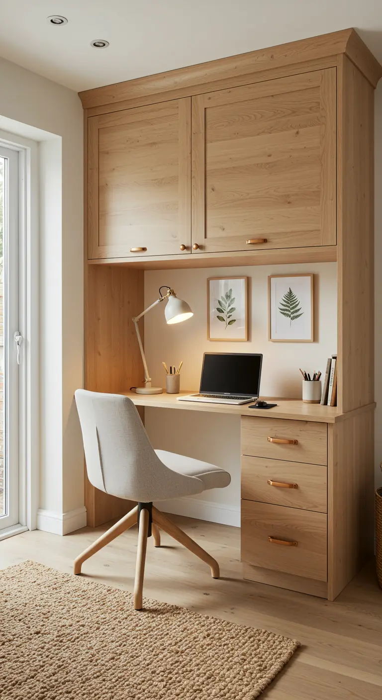 Bureau intégré en bois clair avec rangements hauts et tiroirs fonctionnels