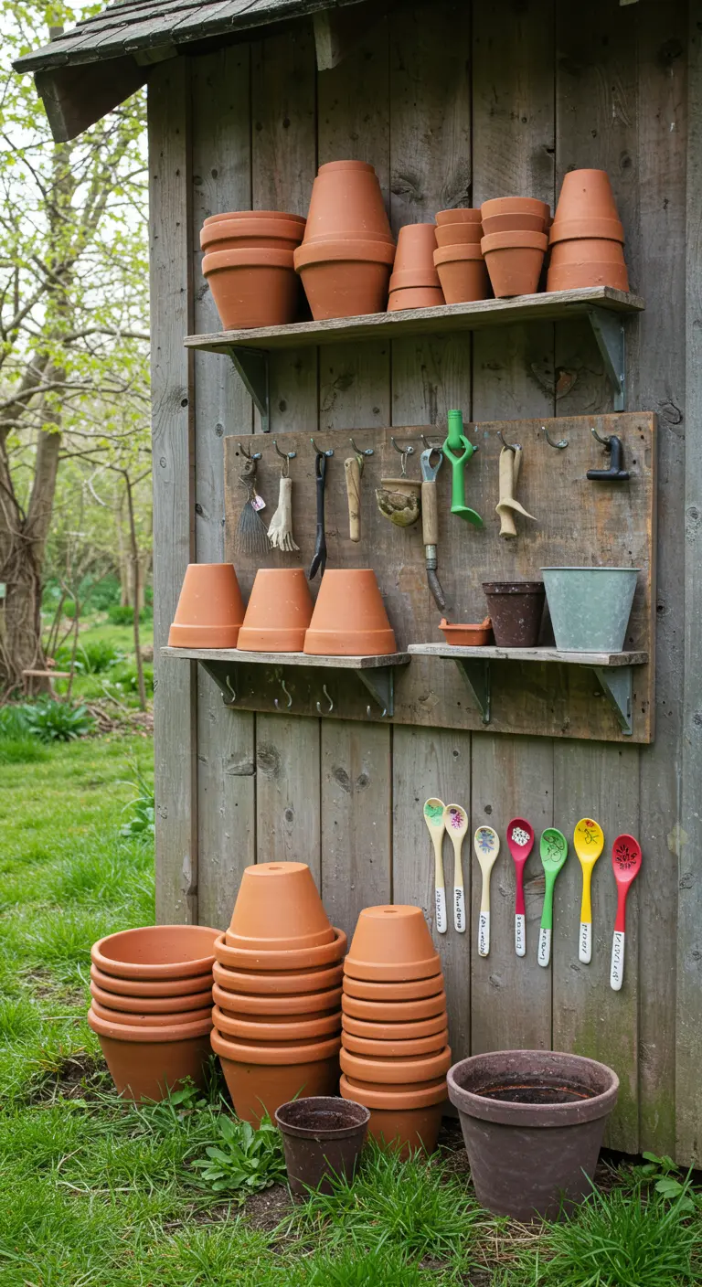 Mur d'un abri de jardin avec des étagères de pots en terre cuite et des outils suspendus.