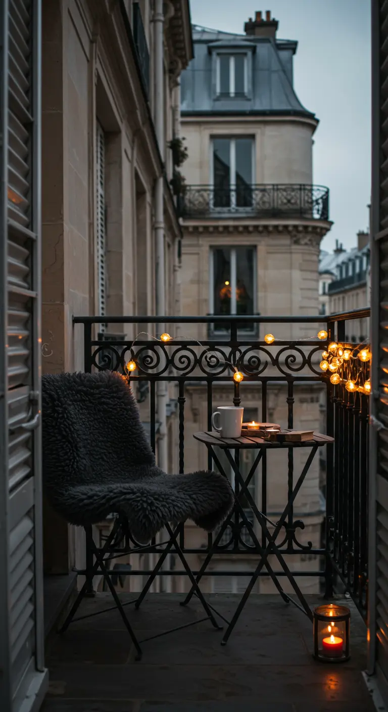Balcon parisien avec mobilier en fer forgé, peau de mouton et une guirlande lumineuse.